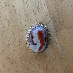 Vintage Faux  Cameo Brooch with Gold and White Accents